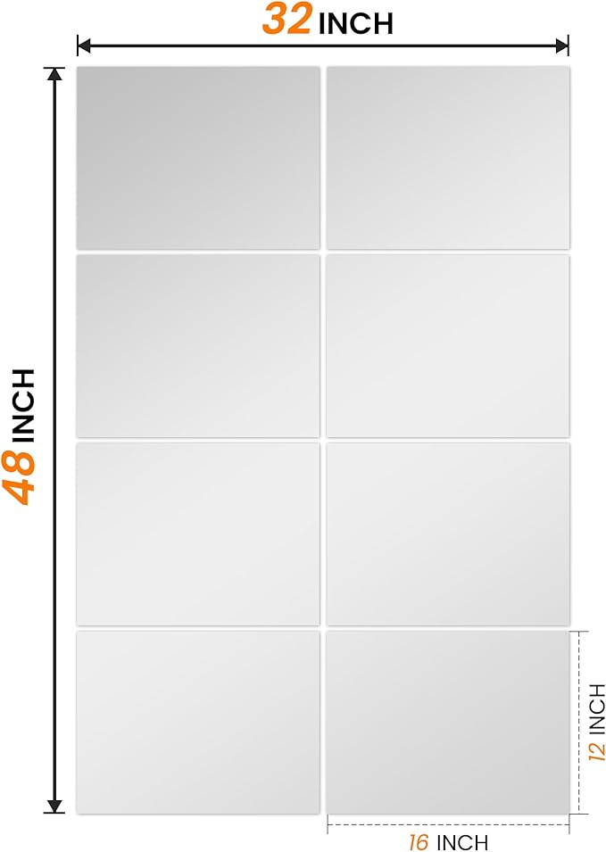 Wall Mirror Tiles, 16"x12"x8PCS Full Length Home Gym Mirror for Garage, Bedroom, Living Room, Over The Door