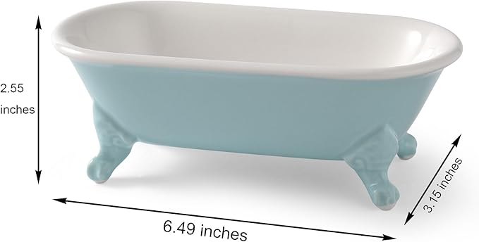 6.5" Ceramic Mini Decorative Clawfoot Bathtub Bar Soap Dish, Kitchen Sponge Holder and Shower Tray for Bathroom, 1 Pack(Baby Blue)