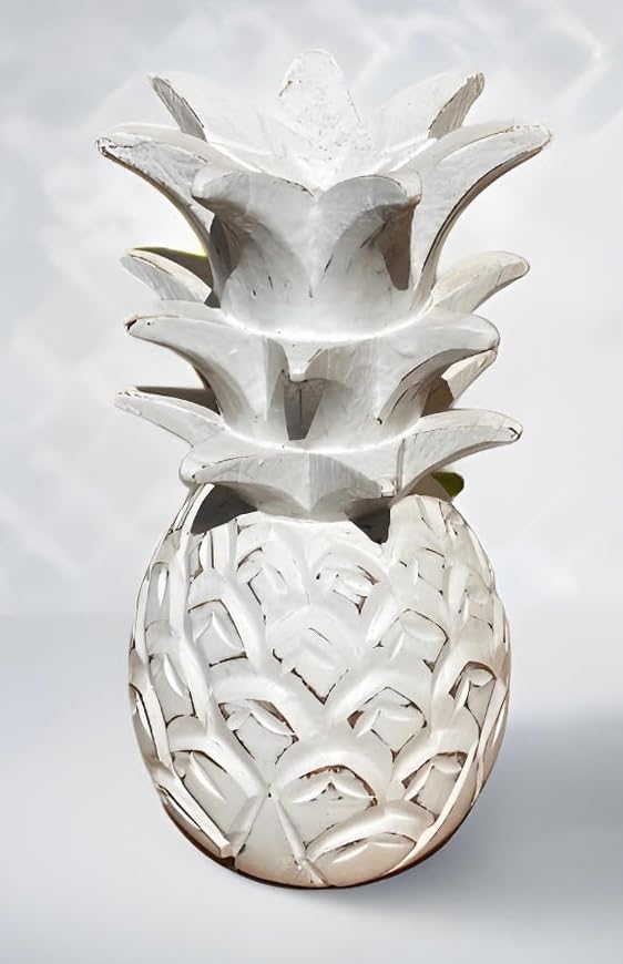 9 1/2" Solid Wood Pineapple Decor - Tabletop Bar Counter Decorative Tropical Art Display Sculpture - White Distressed Finish