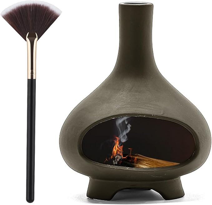 Palo Santo Holder Handmade Ceramics Incense Burner Chimney Dish Smudge Bowl for Palo Santo Sticks Sage Bundles with Brush(Brown) (Furnace Gray)