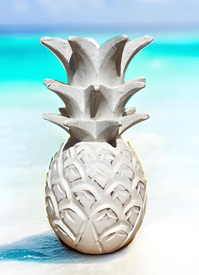 9 1/2" Solid Wood Pineapple Decor - Tabletop Bar Counter Decorative Tropical Art Display Sculpture - White Distressed Finish