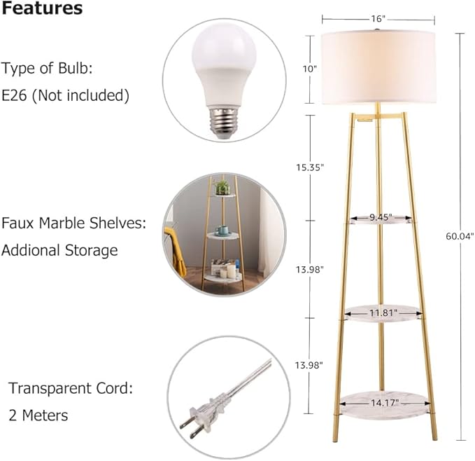Floor Lamp, Standing Reading Light with Faux Marble Shelves and Fabric Shade, Modern Tall Pole, Accent Furniture Décor Lighting for Living Room, Bedrooms
