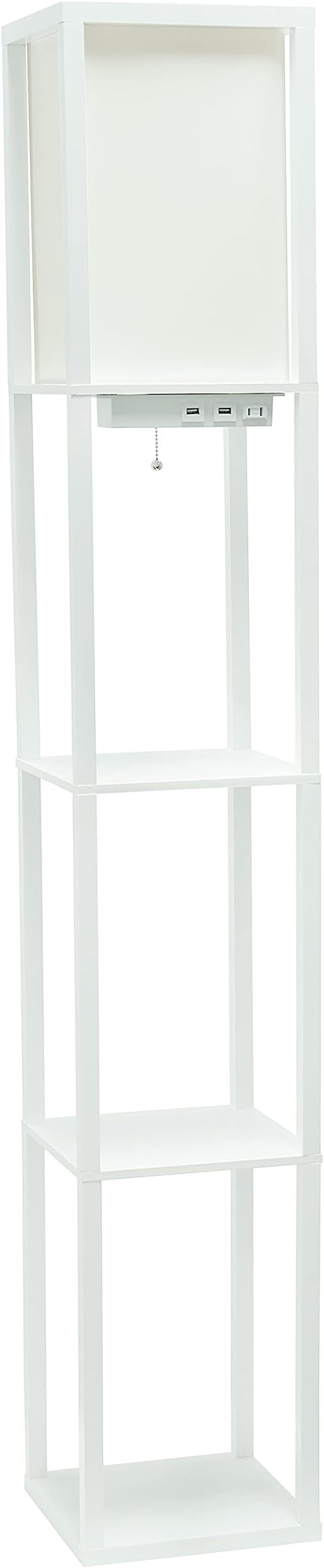 Simple Designs LF1037-WHT Floor Lamp Etagere Organizer Storage Shelf with 2 USB Charging Ports, 1 Charging Outlet and Linen Shade, White