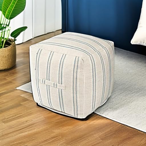 AELS Unstuffed Farmhouse Pouf Cover for Living Room, Boho Storage Bean Bag Cubes, Beige with Navy Blue Stitch Yarn Dyed Stripe Linen Square Ottoman Pouf Foot Rest Footstool, 18"x18"x18", Cover ONLY