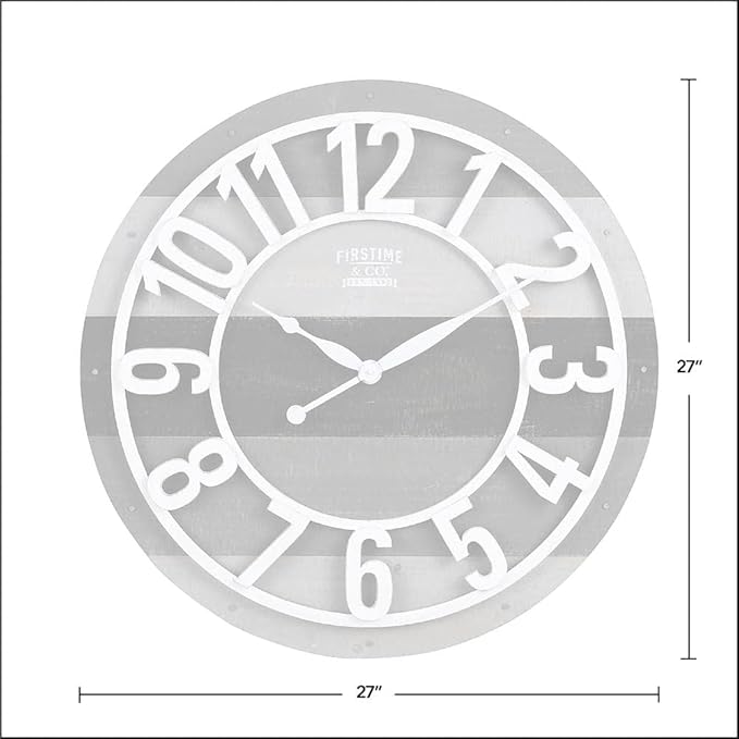 FirsTime & Co. Gray Shabby Planks Wall Clock, Large Vintage Decor for Living Room, Home Office, Round, Wood, Farmhouse, 27 inches