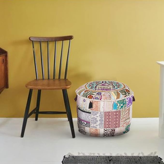 Aakriti Gallery Indian Pouf Footstool Ethnic Embroidered Pouf Cover, Indian Cotton Round Pouffe Ottoman Pouf Cover Pillow Ethnic Decor Art - Cover Only (White, 22x14)