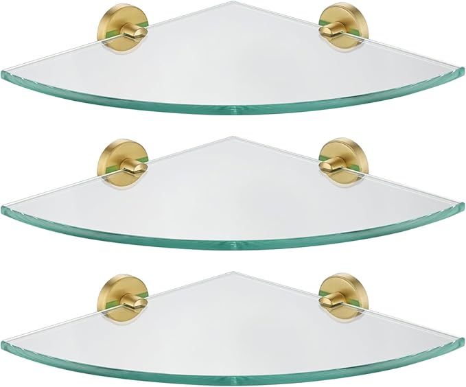 JQK Corner Glass Shelf, Brushed Gold Bathroom 304 Stainless Steel Shower Triangle Floating Wall Shelf, 10 x 10 Tempered Glass, 3 Pack, TGS190L10-BG-P3