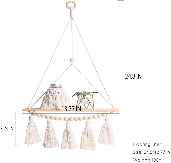 Artilady Macrame Wall Hanging Shelf - 2 Pack Wood Shelves Boho Wall Shelf Decor with Tassels & Wooden Beads, Rustic Floating Shleves Plant Aesthetic Room Decor for Teen Girls