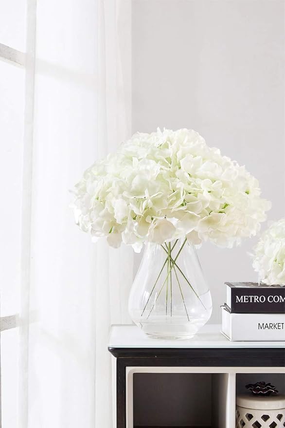 Hydrangea Silk Flower White 10 Heads Artificial Hydrangea Silk Flowers Head for Wedding Centerpieces Bouquets DIY Floral Decor Home Decoration with Long Stems - White