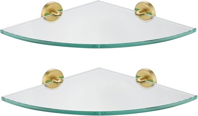 JQK Corner Glass Shelf, Brushed Gold Bathroom 304 Stainless Steel Shower Triangle Floating Wall Shelf, 10 x 10 Tempered Glass, 2 Pack TGS190L10-BG-P2
