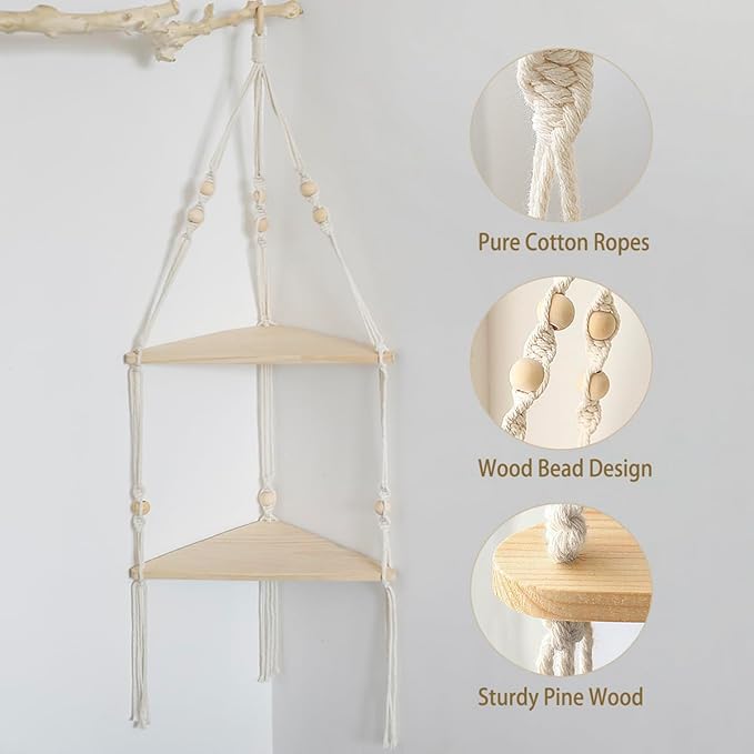 Artilady Corner Shelf White Wall Hanging - 2 Tier Wood Floating Shelves, Rustic Boho Wall Shelf Decor Hand Woven Cotton Rope Storage Rack for Plants Pots Photo Frames (White)