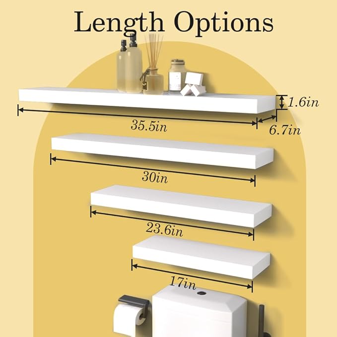 Floating Shelves for Wall, 35.5 Inch Long Natural Wood Shelf, White Rustic Decor for Bathroom Kitchen Bedroom, Hanging Mounted Invisible Bracket, Set of 2