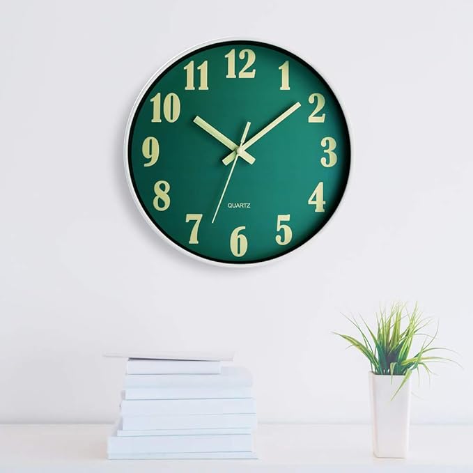 JoFomp Glow in The Dark Clock, 12 Inch Modern Silent Non Ticking Wall Clocks Battery Operated, Night Light Wall Clock for Living Room Decor, Wall Clock Decorative for Kitchen Bedroom (Green)