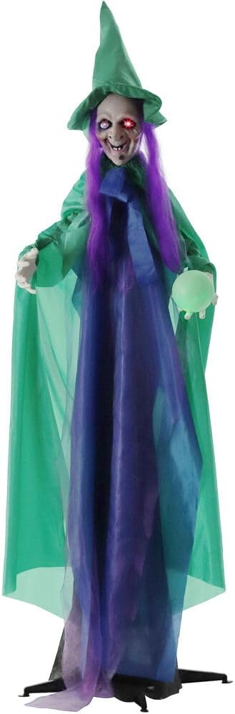 Haunted Hill Farm Talking Fortune Teller Witch Halloween Animatronic with Movement and Light-Up Crystal Ball for Scary Indoor or Covered Outdoor Halloween Decorations, Battery Operated Halloween Props