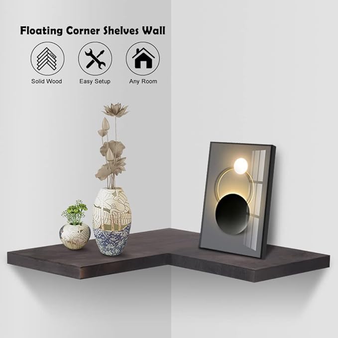 Natural Wood Set of 4 Wall Mount Bathroom Corner Shelves floating Corner Shelf L-shaped Floating Corner Shelves for Bedroom Kitchen Office Livingroom Rustic Corner Display Shelf Carbonized Black