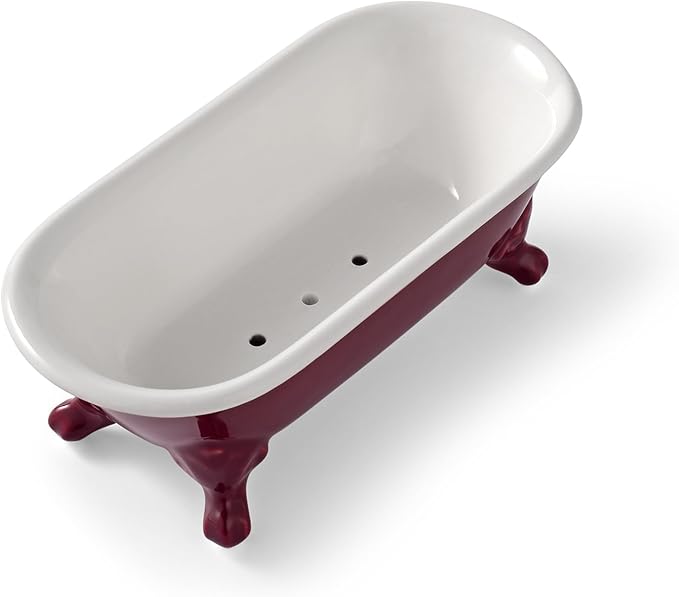 6.5" Ceramic Mini Decorative Clawfoot Bathtub Bar Soap Dish, Kitchen Sponge Holder and Shower Tray for Bathroom, 1 Pack(Burgundy)