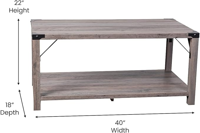 Flash Furniture Wyatt Modern Farmhouse 2 Tier Coffee Table - Gray Wash Engineered Wood Frame - Black Metal Crisscross Side Braces and Corner Accents