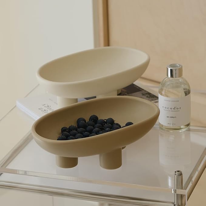 WENSHUO Three-Legs Ceramic Fruit Bowl for Kitchen Counter, Decorative Bowl for Table Décor, 10-inch Oval Large Bowls for Breads (Coconut Café)