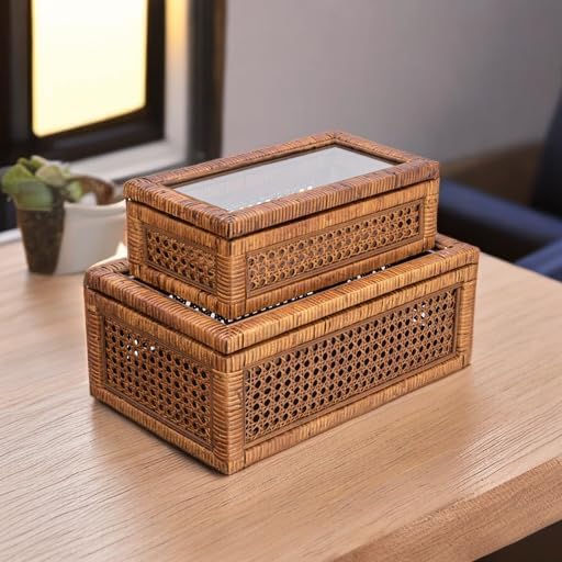 Creative Co-Op Modern Decorative Rectangle Woven Rattan and Wood Display Boxes with Glass Top, Set of 2 Sizes, Dark Brown Finish, Rectangular