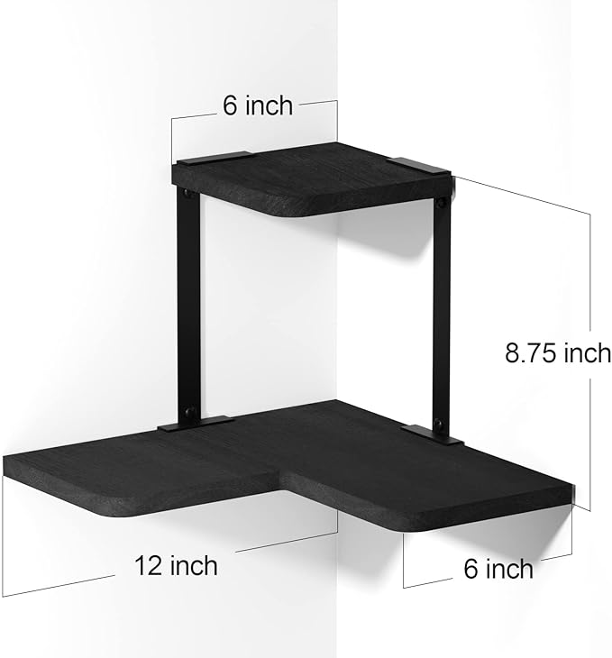 SRIWATANA Rustic Corner Shelf Wall Mounted, 2-Tier Floating Wall Shelves for Bedroom, Living Room, Bathroom, Black