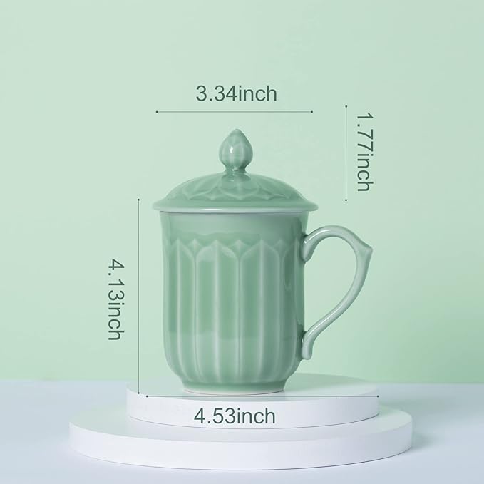Porcelain Lotus Tea Cup with Lid and Handle, 12 oz Unique Coffee Mug, Microwave Dishwasher Safe, Gifts for Women and Men, Aesthetic Chinese Celadon 1 Pack (Olive Green)