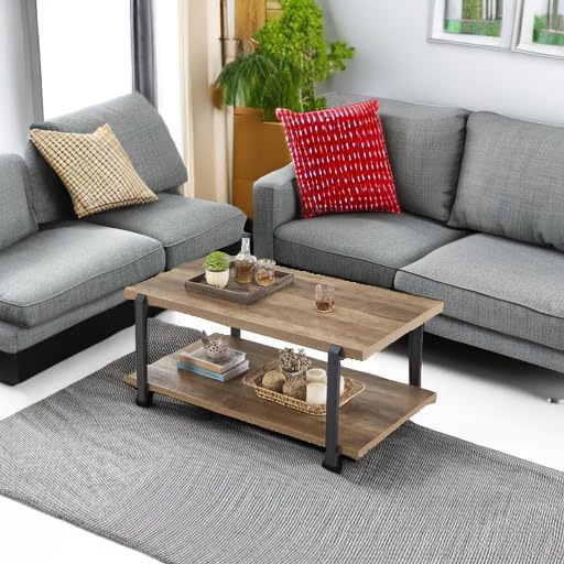 FOLUBAN Industrial Coffee Table with Shelf, Wood and Metal Rustic Cocktail Table for Living Room, Oak