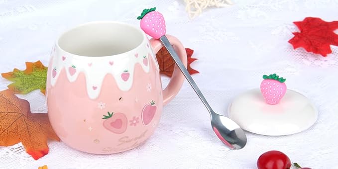 Pink Mug,Cute Strawberry Cup with Lid,Spoon and Coaster,Ceramic Coffee Mug, Kawaii Cup for Tea Milk,Women Girls Student Korean Style 450ML Christmas Birthday Gift