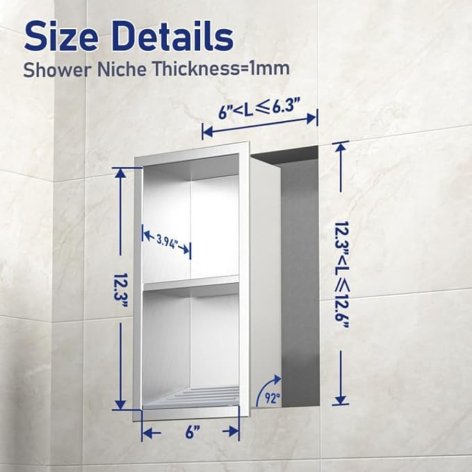 Shower Niche, 304 Stainless Steel Wall Niche Shower Stool for Bathroom, Recessed Shower Footrest w/Over Mount Installation, No Tile Need (Brushed, 12.3''x6'')