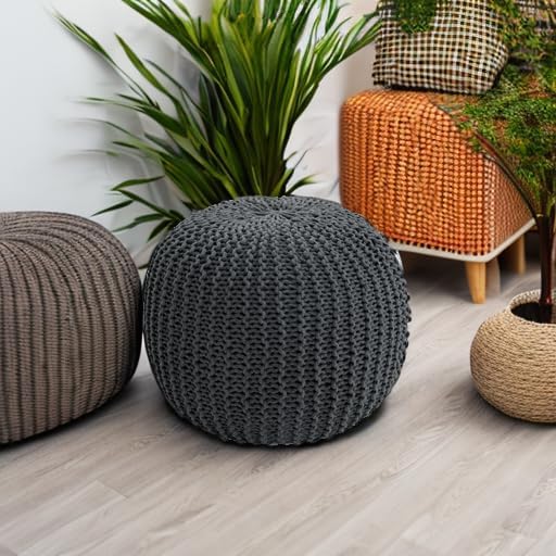 HOMBYS Unstuffed Ottoman Pouf Cover, 100% Cotton Handmade Knitted Ottoman Pouf Cover Round Foot Stool, Floor Bean Bag Chair, Foot Rest with Storage for Living Room Bedroom, Grey(Cover ONLY NO Filler)
