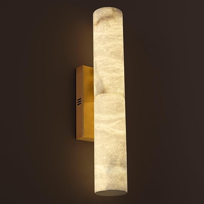 Brass Alabaster Wall Sconces, 20" Natural Marble Wall Sconce, Hardwired Gold Wall Sconces Indoor, Stone Wall Sconce Dimmable, Alabaster Wall Lamp for Living Room, Bathroom, Bedroom, Hallway-Upgraded