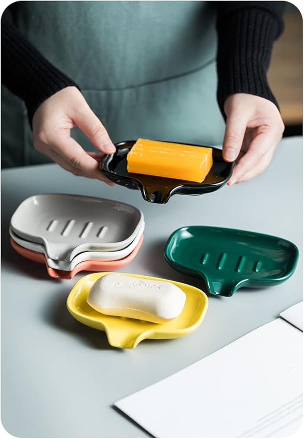 Multi-Color Ceramic Soap Dish for Kitchen or Bathroom, Easy to Clean, Self Draining Soap Holder, Keeps Soap Dry (Black)