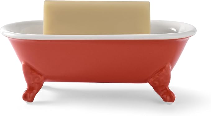 6.5" Ceramic Mini Decorative Clawfoot Bathtub Bar Soap Dish, Kitchen Sponge Holder and Shower Tray for Bathroom, 1 Pack(Coral)