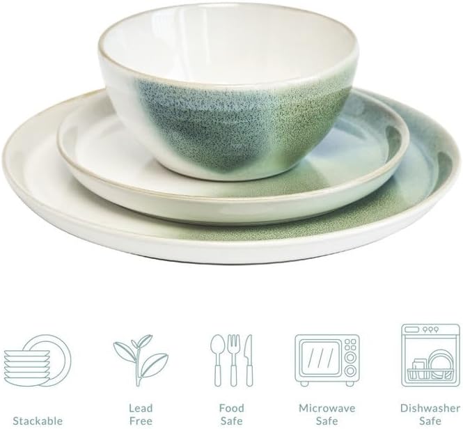 Sango 12-Piece Stoneware Dinnerware Set Color Block Reactive – Service for 4, Dinner Plates, Salad Plates & Cereal Bowls, Durable Stoneware, Dishwasher Safe, for Everyday Dining & Entertainment