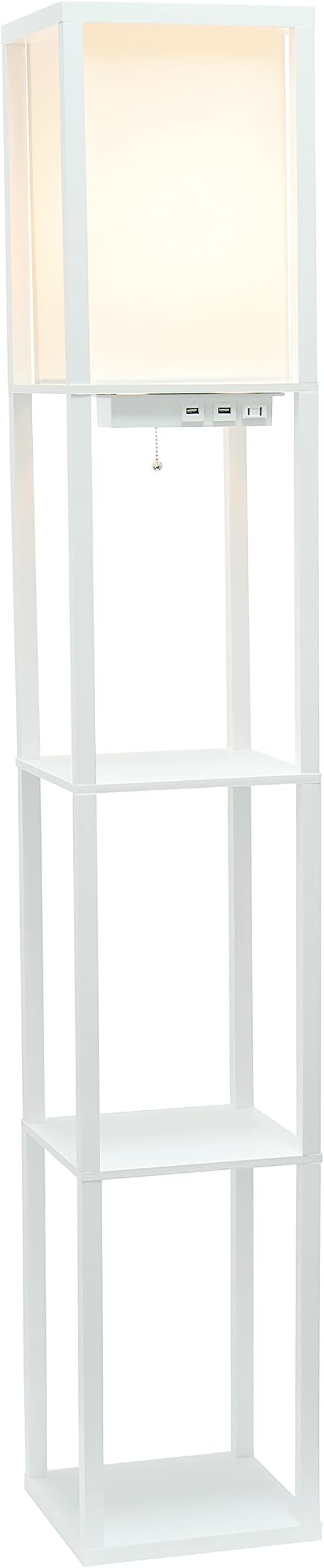 Simple Designs LF1037-WHT Floor Lamp Etagere Organizer Storage Shelf with 2 USB Charging Ports, 1 Charging Outlet and Linen Shade, White