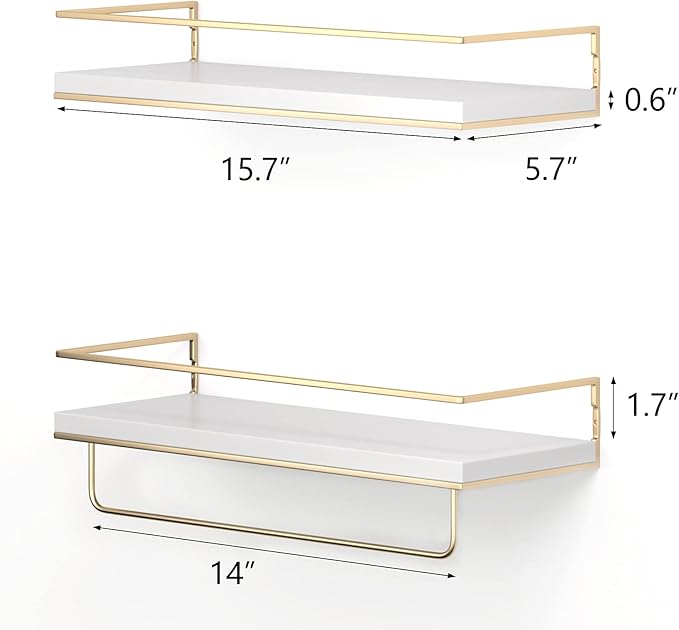 Shario White Floating Shelves - Set of 2, Wall Mounted Hanging Shelves with Golden Towel Rack, Decorative Storage Shelves for Bathroom, Kitchen, Living Room & Bedroom (White)