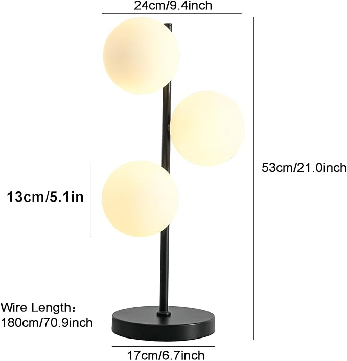 Black Globe Table Lamp Modern 3-Light Desk Light with Milk White Glass Shade Modern Nightstand Lamp for Bedroom Bedside End Table,G9 Bulb(Not Included)