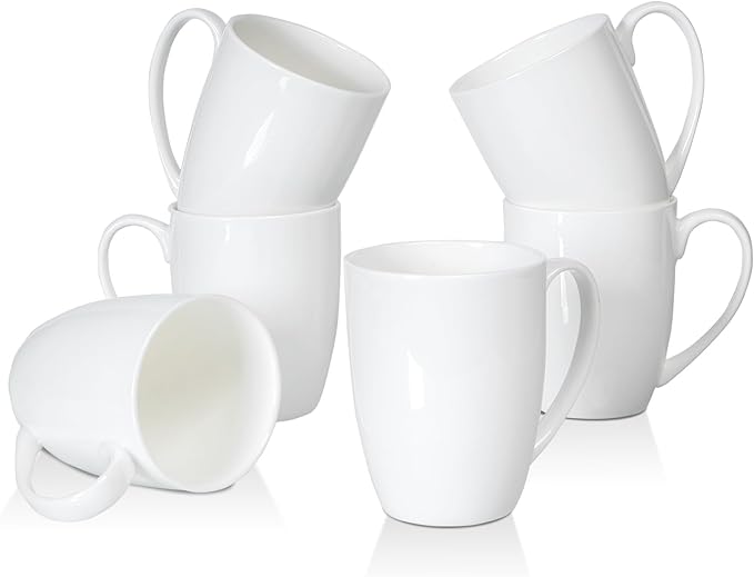 Plain White Fine Bone China Blank Coffee Mugs Set of 6, 11 Oz Tea Cups with Large Handle, Lightweight Ceramic Coffee Mugs, Aesthetic Coffee Cups