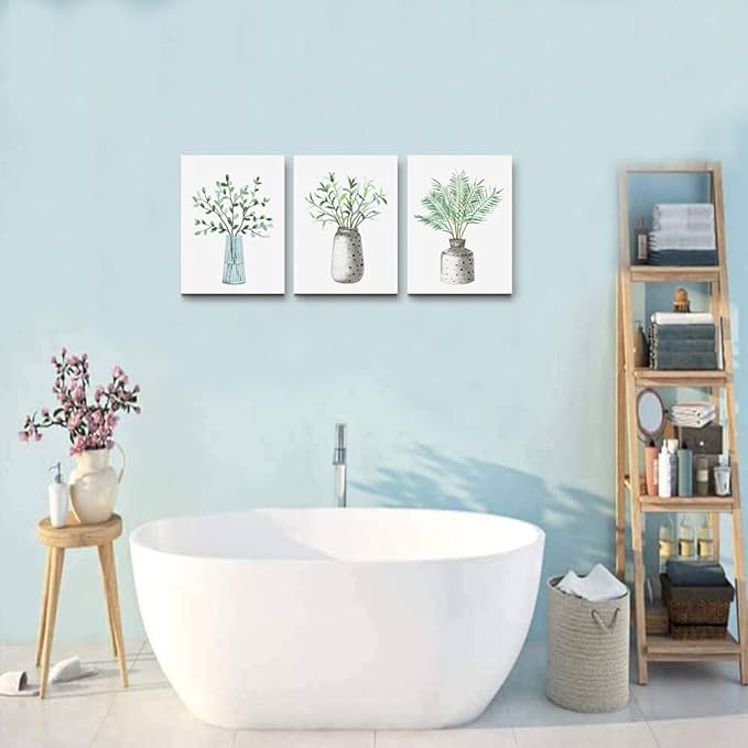AHUASJART Canvas Wall Art Paintings For Kitchen Dining Room Family Wall Decor For Bedroom Wall Decoration For Living Room Office Decor Green Leaf Vase Wall Pictures Artwork For Home Walls 3 Piece