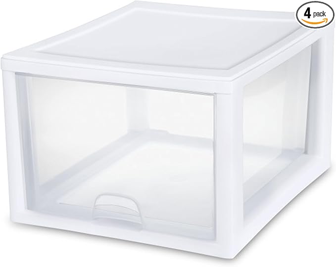 Sterilite 4-Pack 27 Quart Stacking Drawer, Clear Storage Closet Organizer, White Frame - Stackable Modular Plastic Drawers for Clothes, Accessories, Craft Supplies, Shoes or Linens