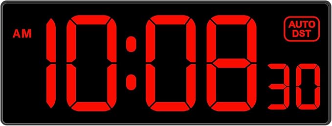 Soobest LED Digital Wall Clock, Large Digital Clock Bold Numbers with Seconds for Seniors Visually Impaired๏ผPlug Electric Clock Dimmable Auto DST Large Display 10 Inches (Red)