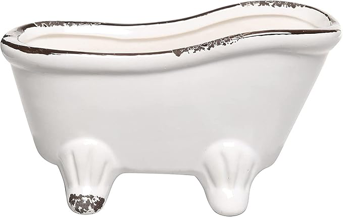 MyGift 6-Inch White Ceramic Indoor Plant Pot, Claw Foot Bathtub Mini Succulent Planter Pot, Petite French Country Bathroom Decor Soap Dish