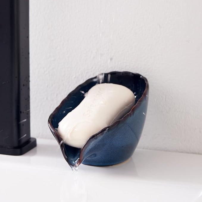 Self Draining Soap Dish, Premium Ceramic Bar Soap Holder, Easy to Clean Keeps Soap Dry, Soap Savers for Bathroom Shower, Kitchen Sink and Countertop (Vintage Blue, 1pc)