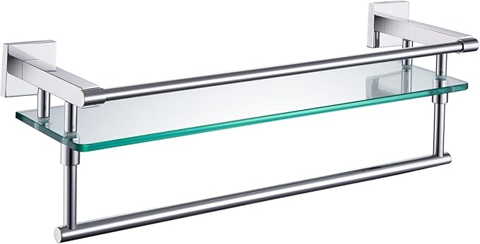 KOKOSIRI Bathroom Shelves with Towel Holder Rustproof 20'' Bathroom Tempered Glass Shelf with Rails Wall Mounted Stainless Steel, Polished Chrome Finish, B1103CH-L20