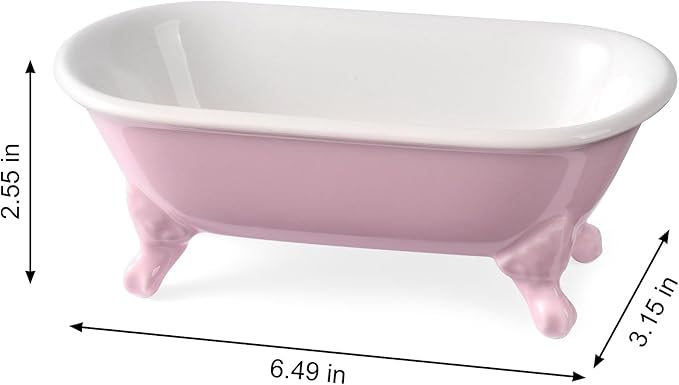 6.5" Ceramic Mini Decorative Clawfoot Bathtub Bar Soap Dish, Kitchen Sponge Holder and Shower Tray for Bathroom, 1 Pack (Pink)