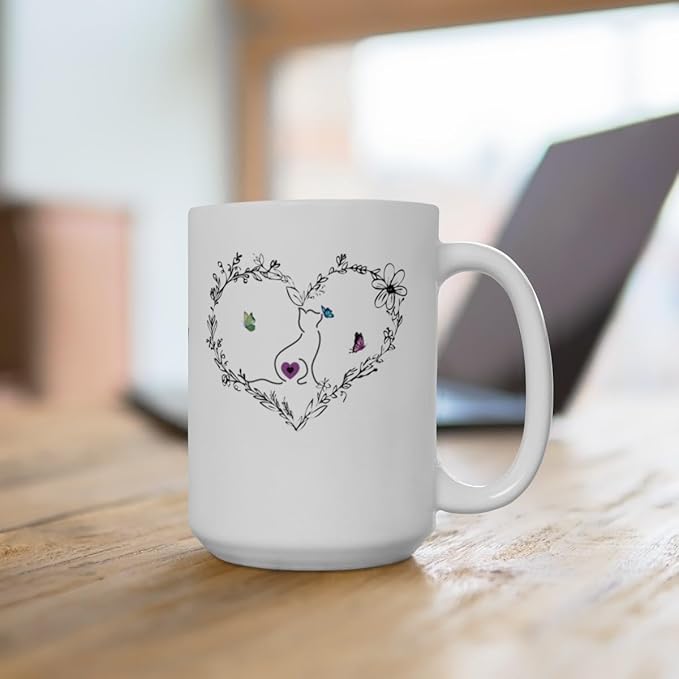 Cat Kissing a Butterfly Ceramic Coffee Mugs for Women, Black Heart Mug with a Kitty Kissing Butterflies, Cute Mugs Aesthetic (15oz), White, 17390492692989885872