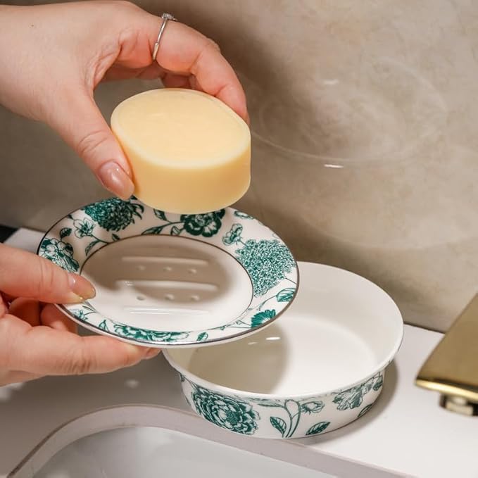 Floral Decorative Self Draining Soap Dish, Double-Layer Round Soap Tray, Vintage Ceramic Soap Dish (Style D)
