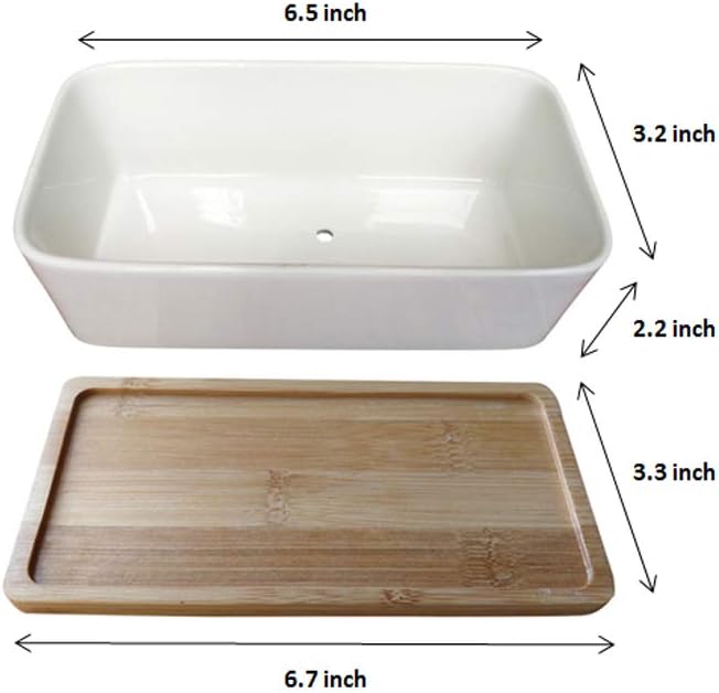 LANKER 6.5 Inch Rectangle White Ceramic Succulent Planter Pot Decorative Cactus Plant Pot Flower Container with Bamboo Tray (Rectangle 6.5 Inch)
