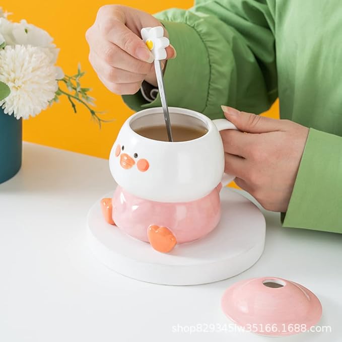 Cute 3D Duck Coffee Mug,Funny Duck Ceramic Coffee Cup with Hat Lid and Lovely Flower Spoon,Suit for mug warmer,Novelty Morning Mug Christmas Birthday Present for Office Friends Women Girls