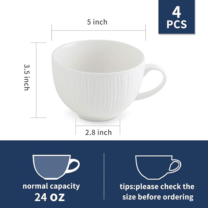 KOOV Jumbo Soup Mug, Soup Bowls with Handles Microwave Safe, Ceramic Soup Mugs with Handles, Jumbo Mug Set of 4, 24 Ounce (White)