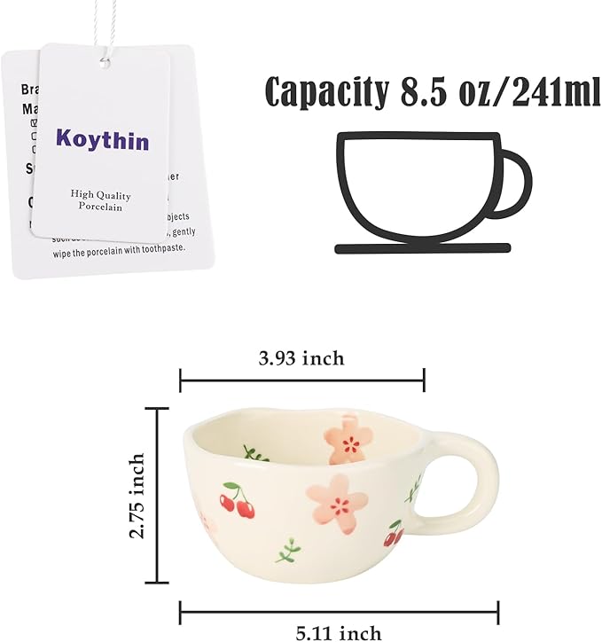 Koythin Ceramic Coffee Mug, Handmade Hot Chocolate Mugs, Cute Cup for Girl Women, Aesthetic Tea Milk Cup with Handle, 8.5 oz/250 ml for Latte, Cocoa, Office, Home (Pink Cherry Flowers)